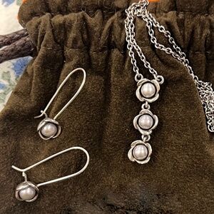 Set of 2 New Pandora Sterling Silver and Grey Pearl Earring and Necklace